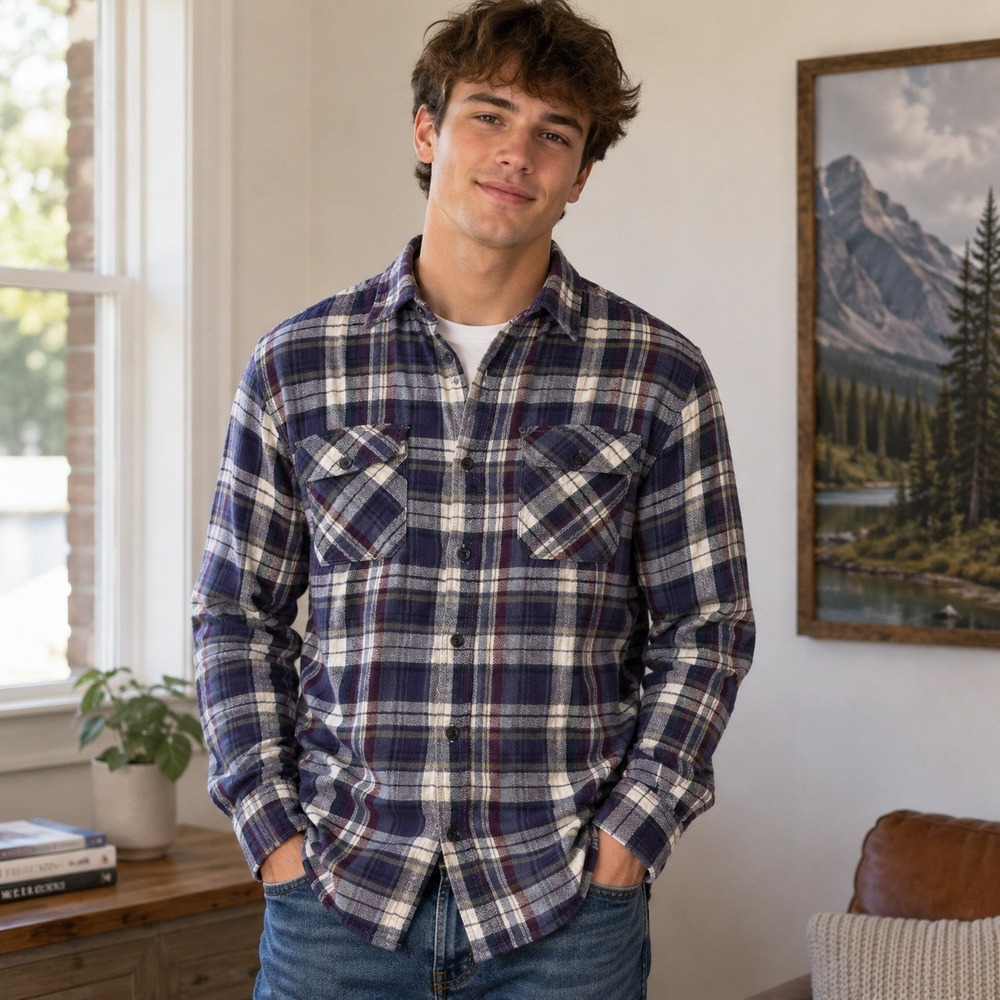 Converse One Star Shirt L Purple Plaid Flannel‎ Long Sleeve Button Down F1678